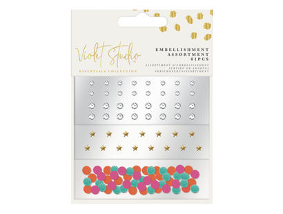 Violet Studios Mini Embellishment Assortment - Gems & Pom Poms - 106pcs