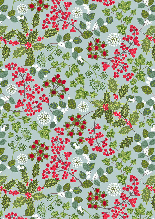 Lewis & Irene Fabric - Holly and Ivy on Winter Blue with Pearl